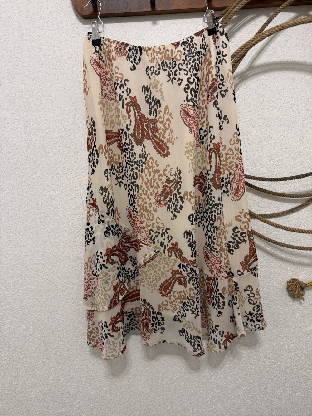 Y2K CATO Mixed Print Leopard & Paisley Layered Midi Skirt - Size M